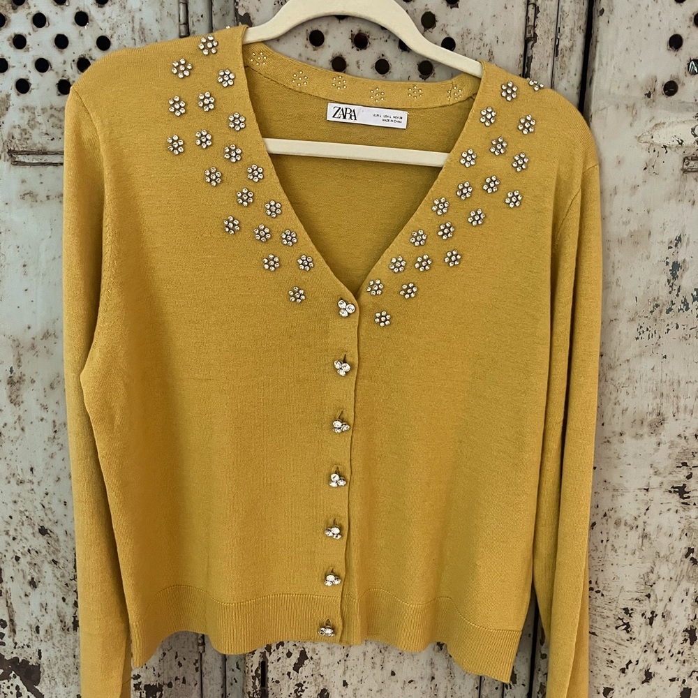 Zara Mustard Cardigan with Floral Embellishments